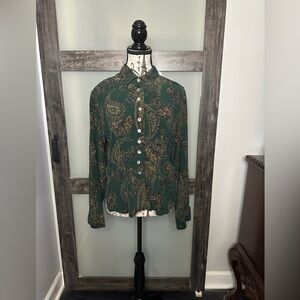Vintage Green Paisley Button-Up Shirt 100% Silk